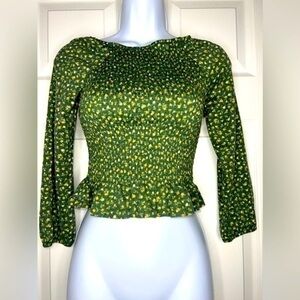 NWT Xtraordinary Women’s Small Smocked Green Floral Crop Top Peplum Blouse S